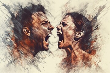 Digital composite illustration of Couple in anger shouting and screaming to each other, face to face, with grunge background. generative AI