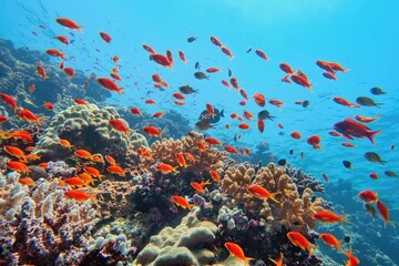 Fototapeta na wymiar Tropical coral reef with diversity of hard corals and shoal of coral fish