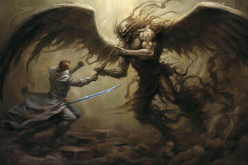 Battle between an angel and a demon. This artwork brings to life the eternal struggle between good and evil, showcasing the intensity, power, and ethereal beauty. Ai generated