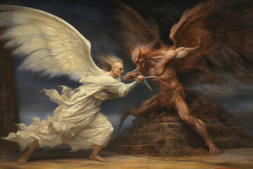 Battle between an angel and a demon. This artwork brings to life the eternal struggle between good and evil, showcasing the intensity, power, and ethereal beauty. Ai generated - obrazy, fototapety, plakaty