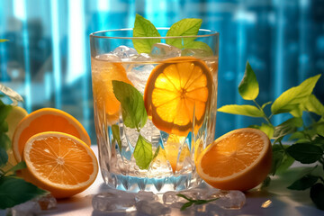 Fototapeta premium Fresh orange juice in a glass surrounded by fresh orange slices, amidst nature. generative AI.