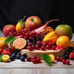 A composition of various colorful summer fruits, orange, strawberry, blueberry, peach, on a plate on the table, Generative AI, generative artificial intelligence