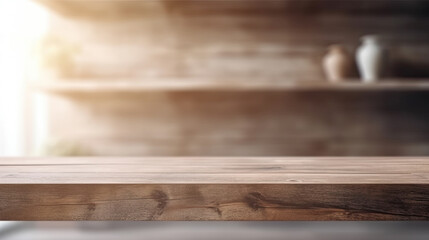 Reclaimed wood table top with a light blurred background. template for designers. Generative AI
