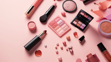 A set of decorative cosmetics isolated on a pink background. beaty for women concept. Generative AI