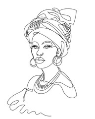 Portrait of a young African woman in a turban, earrings and neck jewelry. Line art, continuous line. Sketch of an African girl. Vector illustration isolated on white.