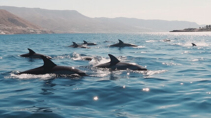 Fototapeta premium a group of dolphins swims through the blue sea and jumps out of the water. Generative AI