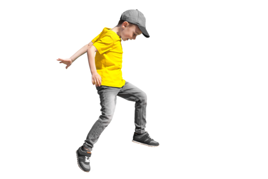 a boy jumps on a transparent background in a yellow t-shirt