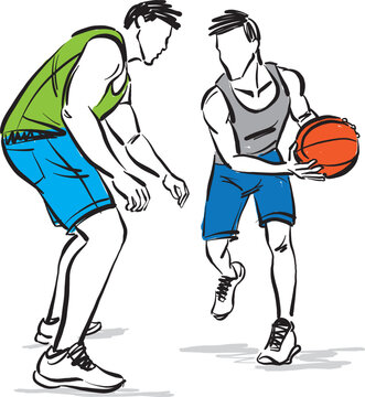basketball players with ball having fun sports concept vector illustration