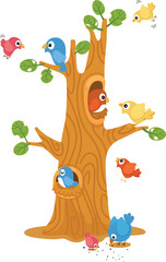 cute cartoon birds on tree character on white background illustration