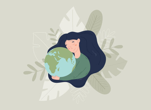 Young cartoon beautiful woman with long hair hugging the planet. Vector isolated design element in flat style, Concept of mother earth and conservation of nature.