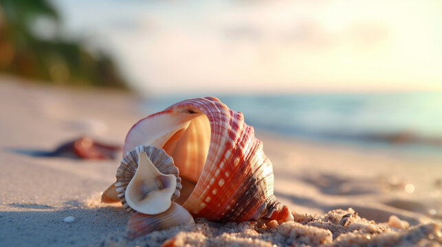 Beautiful shell beach seashell sunset photography wallpaper picture AI generated art