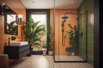 Cozy bathroom with plants. Orange, green and black colors. African eco interior design. Super photo realistic background, generative ai illustrarion