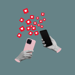 Two mobile phones with like symbols from social networks in female hands isolated on sage green...