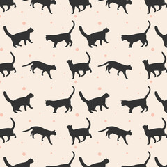 Simple vector seamless pattern with cat silhouette vector illustration, flat design with cats on background