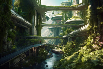 Illustration that envisions a futuristic green city, where sustainable technology and nature harmoniously coexist. Ai generated