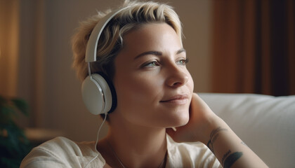 smiling and relaxed woman resting on the sofa listening to music in her comfortable home after a hard day at the office. Generative AI