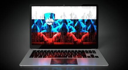 Slovenia - country flag and hackers on laptop screen - cyber attack concept