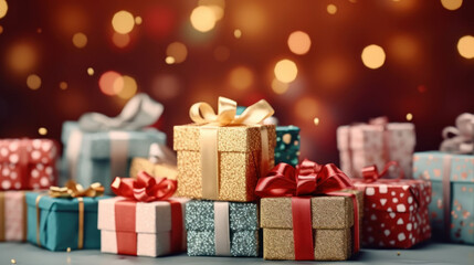 Many gift boxes, tied velvet ribbons an blurred  background.