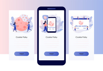 We use cookies policy notification pop up. Protection of personal information cookie. Confidential Information. Screen template for mobile, smartphone app. Modern flat cartoon style. Vector