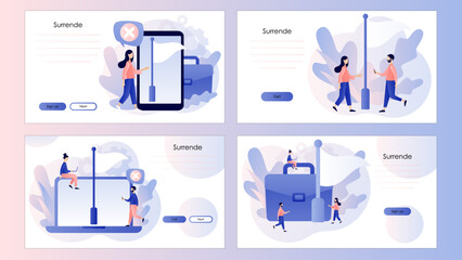 White flag. Give up or surrender metaphor. Business concept. Tiny people surrendering or giving up. Screen template for landing page, template, ui, web, mobile app, poster, banner, flyer. Vector 