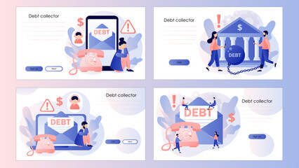 Fototapeta premium Debt collection. Financial problems, debts and loans. Letter from collector agency. Screen template for landing page, template, ui, web, mobile app, poster, banner, flyer. Vector illustration