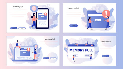 Memory space full notification. Cleaning mobile phone or computer memory or storage. Folder full. Screen template for landing page, template, ui, web, mobile app, poster, banner, flyer. Vector 
