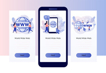 World wide web. Globe internet search concept. WWW icon. Tiny people looking for information on websites. Screen template for mobile, smartphone app. Modern flat cartoon style. Vector illustration