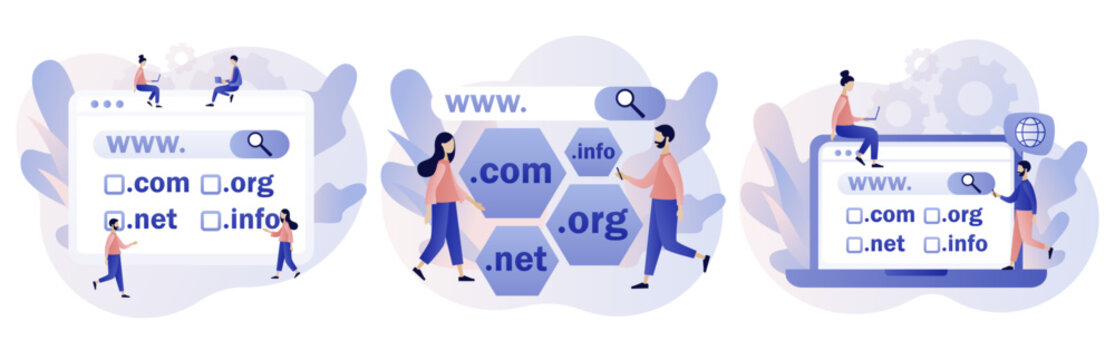 Domain registration concept. Tiny people choose, find, purchase, register website domain name. Online hosting service. Modern flat cartoon style. Vector illustration on white background