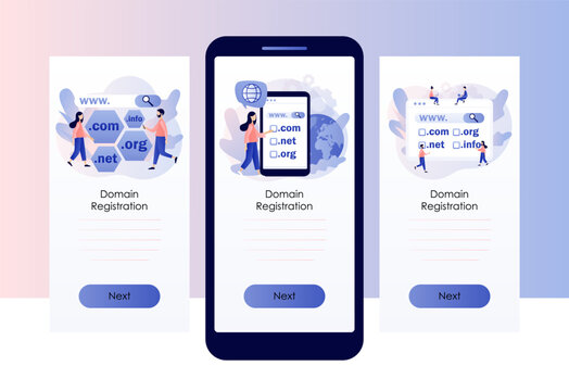 Domain registration concept. Tiny people choose, find, purchase, register website domain name. Online hosting service. Screen template for mobile, smartphone app. Modern flat cartoon style. Vector