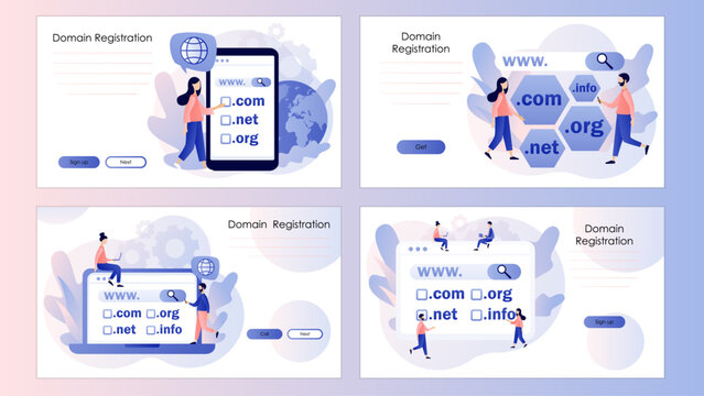 Domain registration concept. Tiny people choose, find, purchase, register website domain name. Screen template for landing page, template, ui, web, mobile app, poster, banner, flyer. Vector 