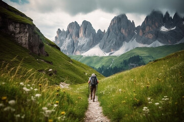 Fototapeta premium Man hiking on a mountain trail, surrounded by the majestic peaks of nature. This artwork captures the spirit of adventure, perseverance, and the indescribable beauty of mountains. Ai generated