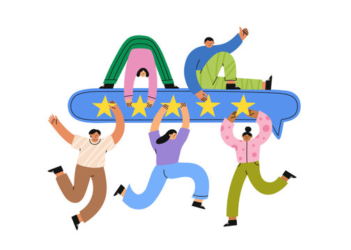 Consumer feedback. People give five stars feedback. Clients leaving positive review. Flat cartoon vector illustration.