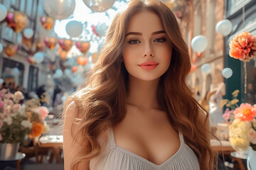 Enchanting Woman Enjoying Her Time in a Chic Cafe, Displaying a Lush Hair and Playful Smile, Exuding Confidence and Luxury. An Ideal Representation for Modern Womanhood - obrazy, fototapety, plakaty