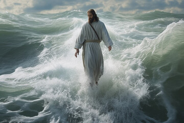 Jesus walking on the water. This artwork portrays the miraculous event from biblical narratives, conveying a sense of divine power, faith, and the transcendent nature of Jesus presence. Ai generated - obrazy, fototapety, plakaty