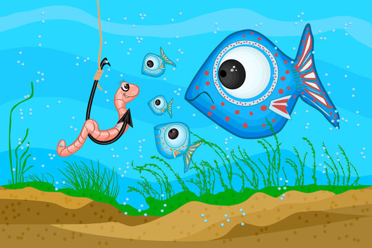 
Worm on hook and fish under water.Astonished fish look to earthworm on fishhook in underwater.Bait lure fishes in river, lake or sea during fishing.Fishery concept in cartoon style.Vector illustratio