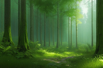 Beautiful green mysterious forest. Summer sunny background, backdrop. Generative AI.