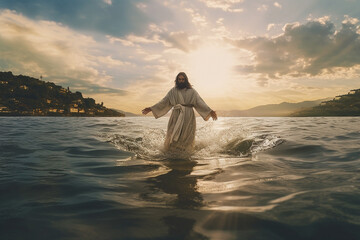 Fototapeta na wymiar Jesus walking on the water. This artwork portrays the miraculous event from biblical narratives, conveying a sense of divine power, faith, and the transcendent nature of Jesus presence. Ai generated