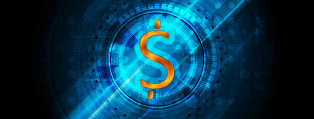 Glowing blue hi-tech HUD gears background with golden dollar sign. Vector banner design