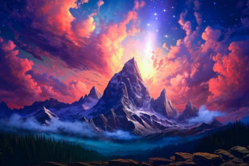 Mountains landscape, epic sky, empty background, colorful, painting. Generative AI