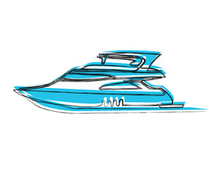 Doodle line drawing of Yacht. Boat line art drawing vector illustration. Abstrat Yacht lineart.