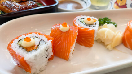 Closeup of Sushi with salmon rice combined in a traditional Japanese dish