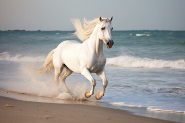 Fototapeta na wymiar Magnificent white horse galloping freely on the beach. This artwork embodies the essence of grace, power, and untamed spirit. Ai generated