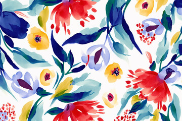 Abstract blue red yellow bloom floral pattern background. Bright painting blossom garden flowers and leaf. Generative AI
