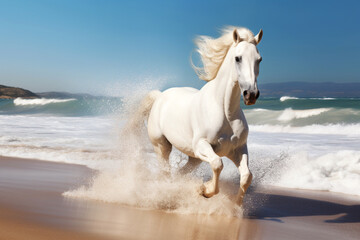 Naklejka premium Magnificent white horse galloping freely on the beach. This artwork embodies the essence of grace, power, and untamed spirit. Ai generated