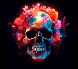 realistic spectral light illuminates a transparent bright skull with flowers abstract floral art on a dark background