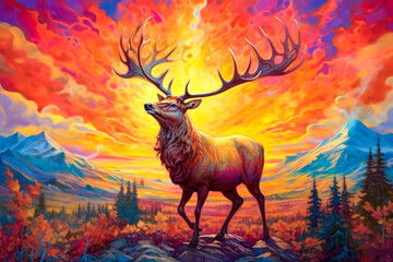 Deer, mountains landscape, colorful, painting. Generative AI