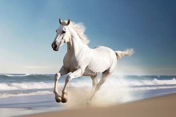 Fototapeta na wymiar Magnificent white horse galloping freely on the beach. This artwork embodies the essence of grace, power, and untamed spirit. Ai generated