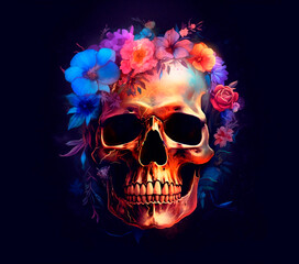 realistic spectral light illuminates a transparent bright skull with flowers abstract floral art on a dark background