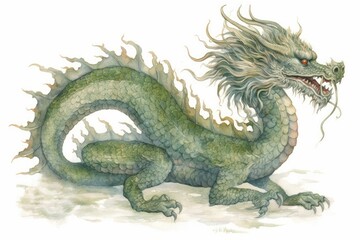 Fototapeta premium A watercolor print featuring an Asian inspired green dragon, adorned with intricate patterns and delicate brushstrokes