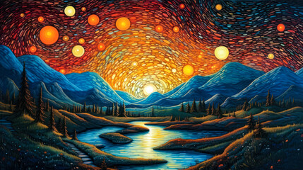 Mountains landscape, lake, empty background, colorful, epic sky, painting. Generative AI